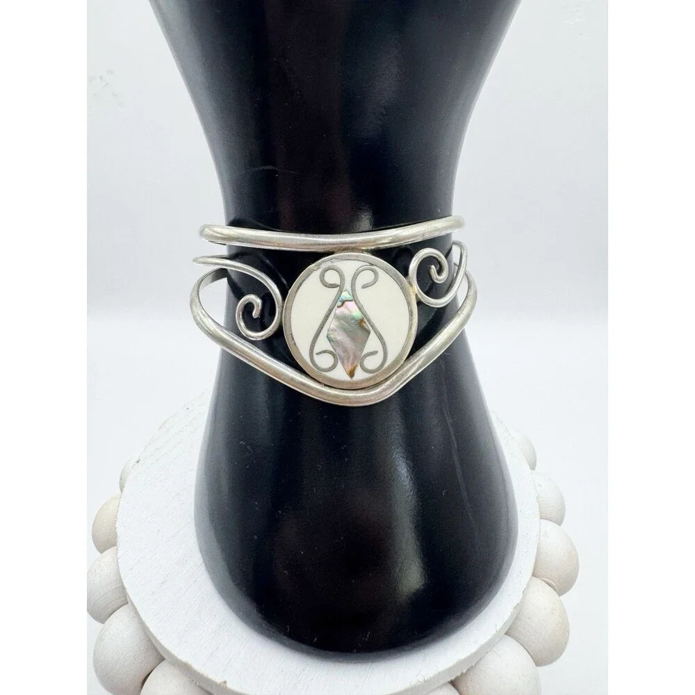 Vintage Alpaca Mexico Abalone Inlay Shell Cuff Bracelet Bohemian Chunky